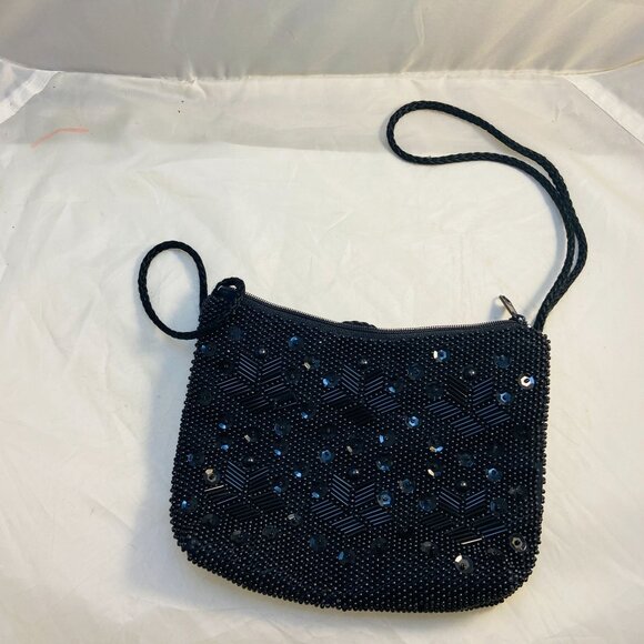 #4543  LOREDANA SMALL BEADED BLACK EVENING BAG WITH SHOULDER STAP - Picture 6 of 11